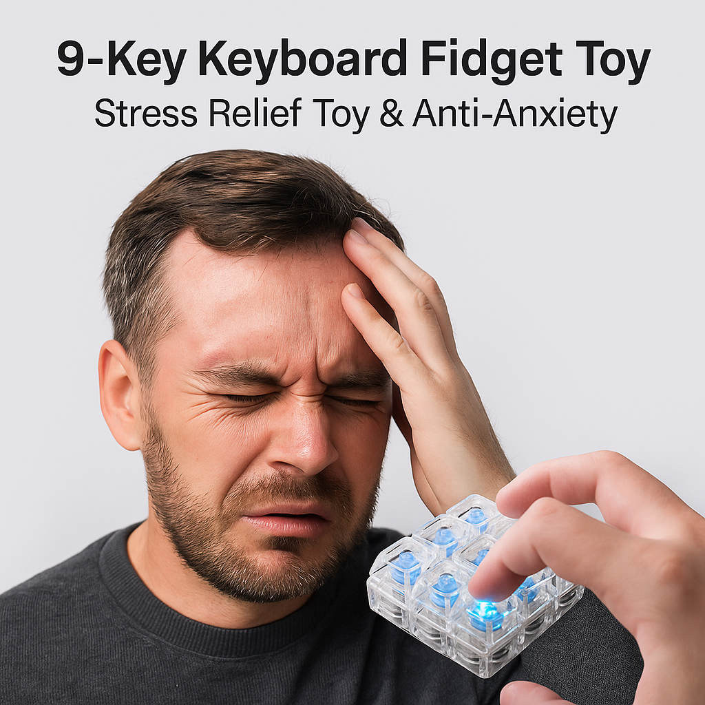 9-Key Keyboard Fidget Toy for Adults – LED Light Keychain Clicker, Sensory Fun Stress Relief Toy for Anxiety & Decompression